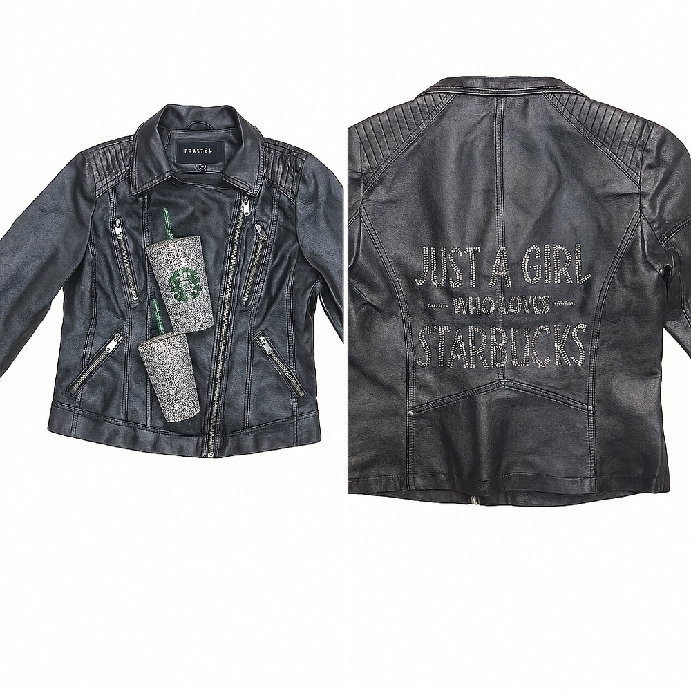 Custom‎ Starbucks Lover Faux Leather Moto Jacket Black Size Small Graphic